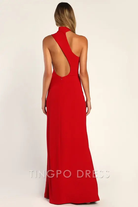 TingPo Wholesale Signature Elegance Keep It Interesting Red Asymmetrical Cutout Halter Maxi Dress formal wear dresses 